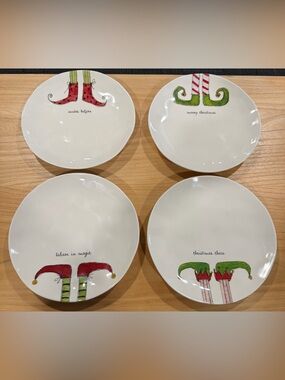 Rae Dunn Plate Set - White with Red & Green Elf Designs